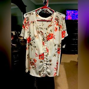Blouse, white, coral, and gray in color, size 2X.